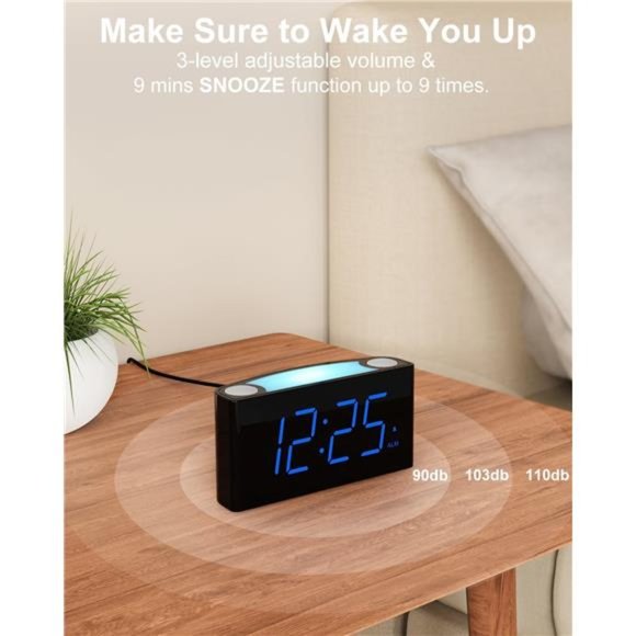 Digital Alarm Clock Bedroom 7 Color Night Light USB Chargers Large Number Screen - Picture 3 of 5
